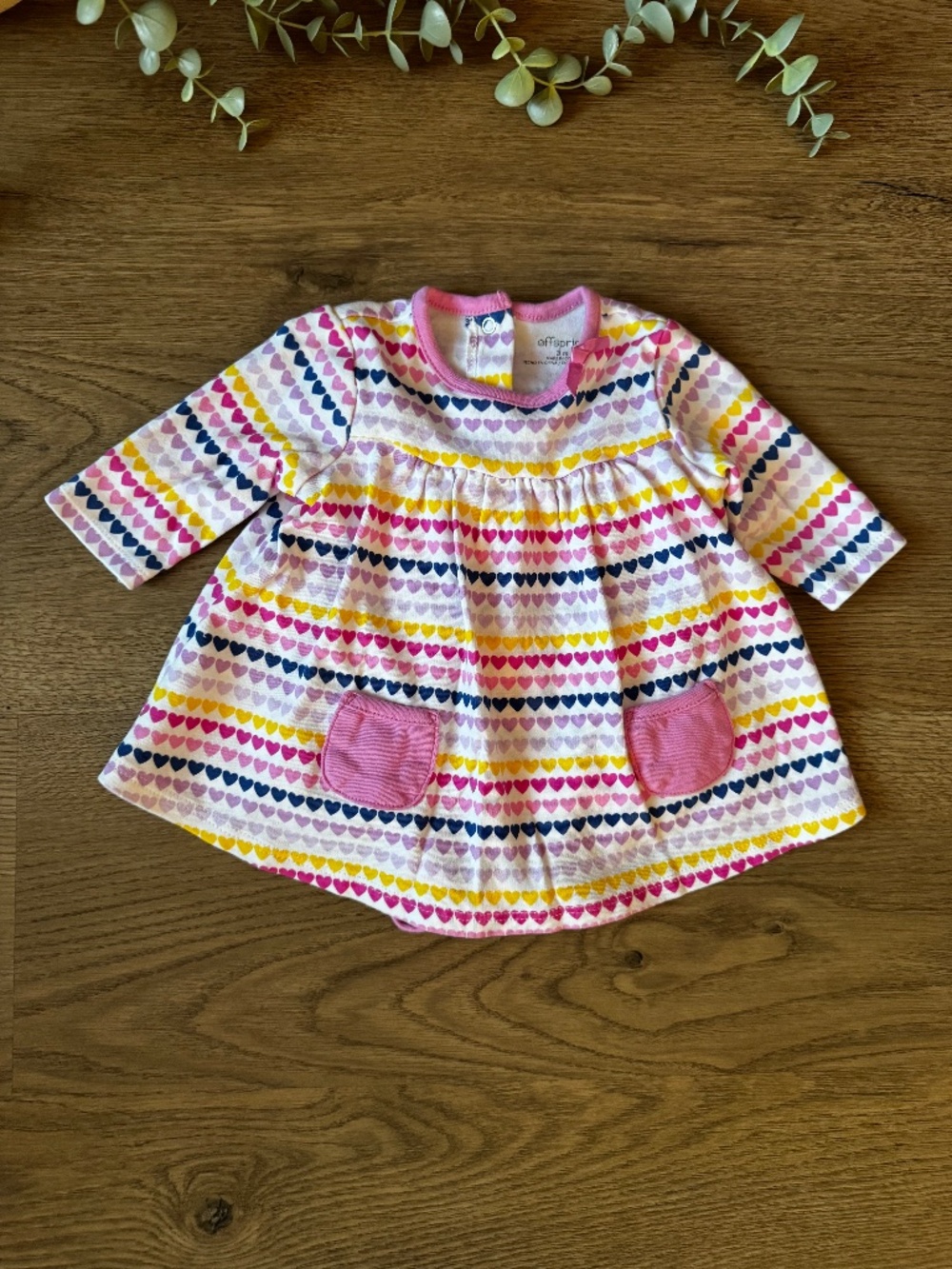 Offspring Baby Girl Heart Print Dress Bodysuit 3 Months Pink Long Sleeve